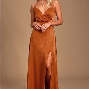 Lulu’s Constantine Rust Orange Satin Maxi Dress